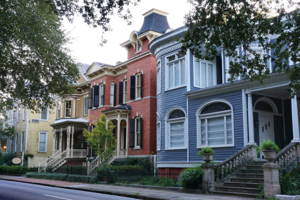 A row of colorful houses in Savannah Georgia stock photo