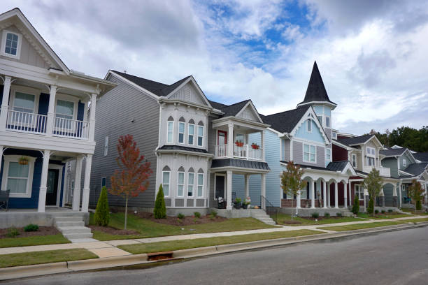 Row of suburban houses in a North Carolina neighborhood stock photo