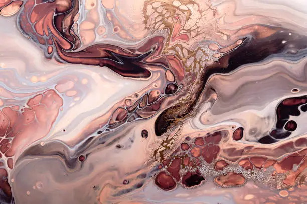 Acrylic Fluid Art. Waves and bubbles in natural colors with golden inclusions. Abstract marble background or texture.