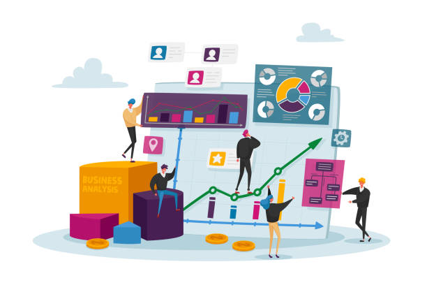 business analysis, tiny characters at huge monitor mit diagrammen. manager analysieren informationsanalyse-diagramme auf monitor - manager stock-grafiken, -clipart, -cartoons und -symbole