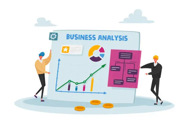 Vector illustration of Business People Characters at Huge Statistics Chart, Office Employees Data Analysis, Project Management, Consulting, Marketing