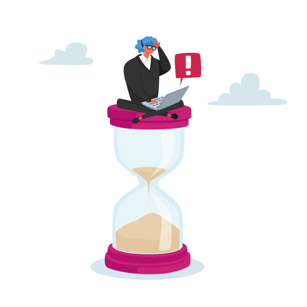 Tiny Businesswoman Character Sitting on Huge Hourglass with Laptop in Hands. Deadline, Business Process Concept, Time Tiny Businesswoman Character Sitting on Huge Hourglass with Laptop in Hands. Deadline, Business Process Concept, Time Management, Procrastination, Working Productivity. Cartoon Vector Illustration hourglass stock illustrations