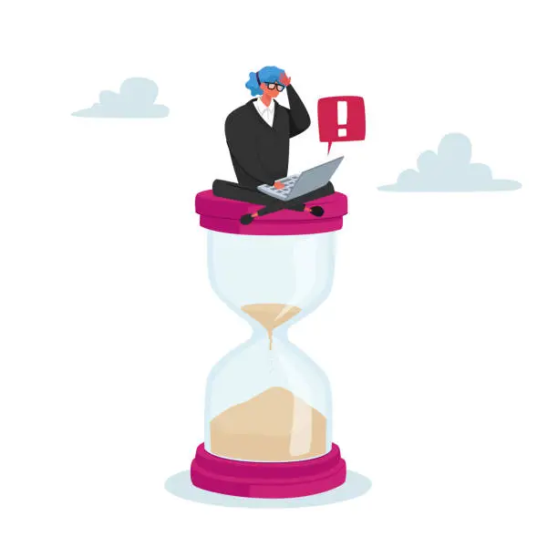 Vector illustration of Tiny Businesswoman Character Sitting on Huge Hourglass with Laptop in Hands. Deadline, Business Process Concept, Time