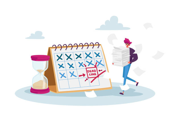 deadline, time management in business. tiny stressed businessman charakter mit dokumenten pile bei riesigen kalender zeitplan - deadline stock-grafiken, -clipart, -cartoons und -symbole