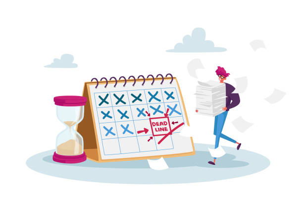 крайний срок, управление временем в бизнесе. крошечный подчеркнутый характер бизнесмена с документами pile на огромном графике календара - deadline stock illustrations