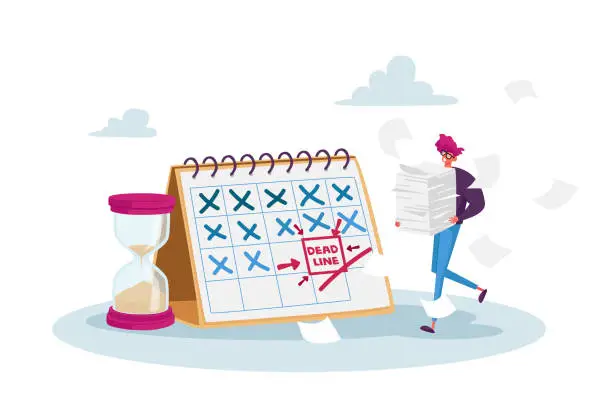 Vector illustration of Deadline, Time Management in Business. Tiny Stressed Businessman Character with Documents Pile at Huge Calendar Schedule