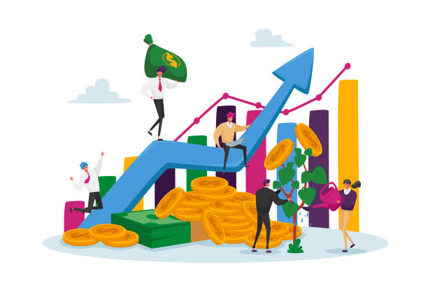 소득 성장 개념. 사업가 캐릭터 팀워크 협력. 성장하는 차트를 등반하는 사업가 팀 - finance stock illustrations