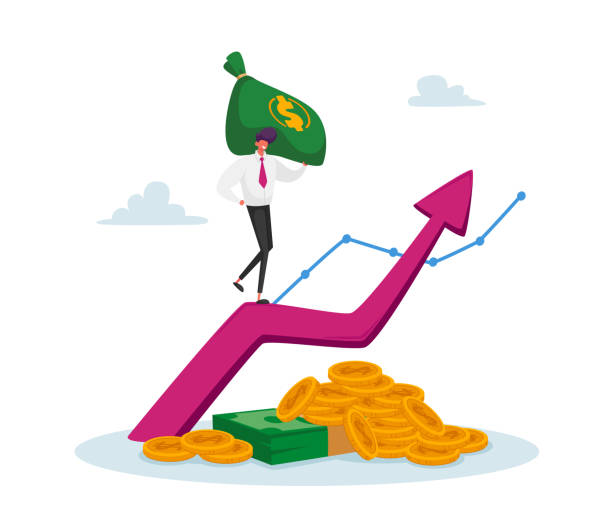 Income Growth, Business Man in Formal Clothing with Money Sack Climbing on Growing Arrow with Coins and Banknotes Below Business Man in Formal Clothing with Money Sack Climbing on Huge Growing Arrow with Coins and Banknotes Below. Income Growth, Banker Character Profit Savings or Investment. Cartoon Vector Illustration bag of coins stock illustrations