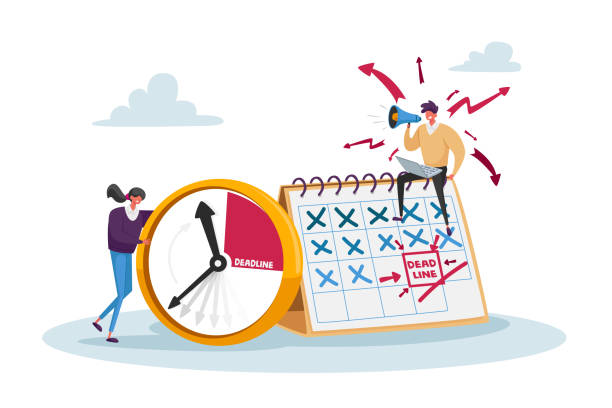 Deadline, Work Productivity, Time Management in Business Process Concept. Busy Businessman and Businesswoman Characters Deadline, Working Productivity, Time Management in Business Process Concept. Busy Businessman and Businesswoman Characters with Megaphone at Huge Clock and Calendar. Cartoon People Vector Illustration efficiency leadership business planning stock illustrations