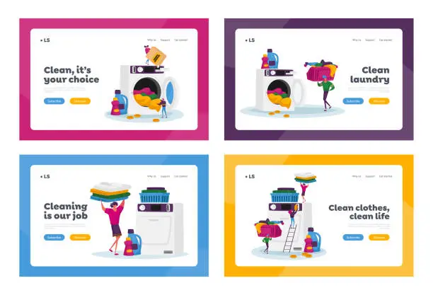 Vector illustration of Tiny Characters Visiting Laundry Landing Page Template Set. People Loading Dirty Clothes to Washing Machine, Service