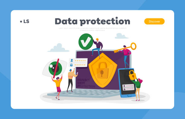 ochrona danych prywatności, szablon strony docelowej wirtualnej sieci prywatnej w internecie. małe postacie wokół ogromnego laptopa - encryption stock illustrations