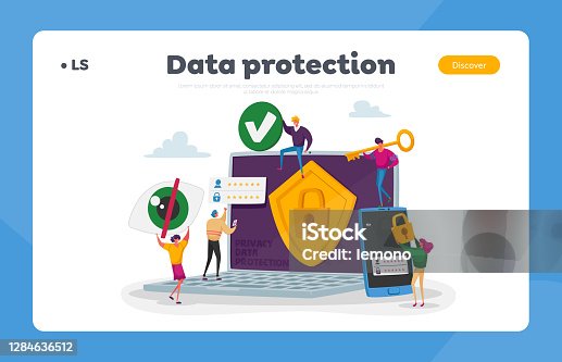 istock Privacy Data Protection, Internet Virtual Private Network Landing Page Template. Tiny Characters around of Huge Laptop 1284636512