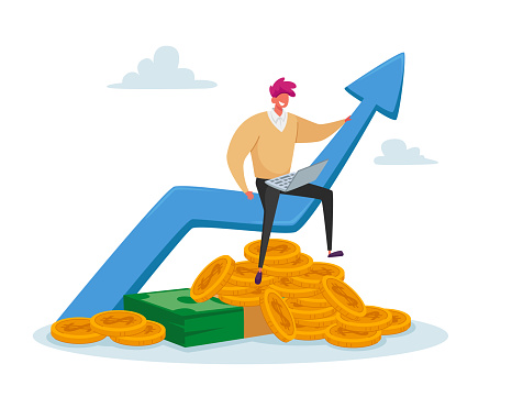 Tiny Business Man in Casual Clothing Work on Laptop Sitting on Huge Growing Arrow with Coins and Banknotes Below. Money Income Growth, Male Character Savings or Investment. Cartoon Vector Illustration
