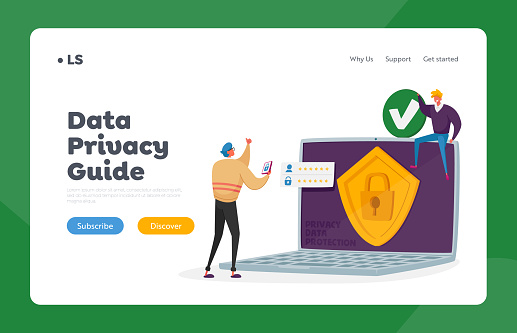 Privacy Data Protection Landing Page Template. Verification, Secure Account Access, Website, Data Security or Privacy in Internet. Tiny Characters at Huge Laptop. Cartoon People Vector Illustration