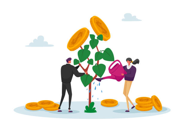 business man and woman characters watering money tree, growing wealth capital for refund care of plant with gold coins - domowe finanse obrazy stock illustrations
