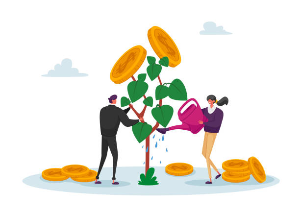 бизнес-мужчина и женщина персонажи полива деньги дерево, растущий капитал богатства для возврата уход  завода с золотыми монетами - budget stock illustrations
