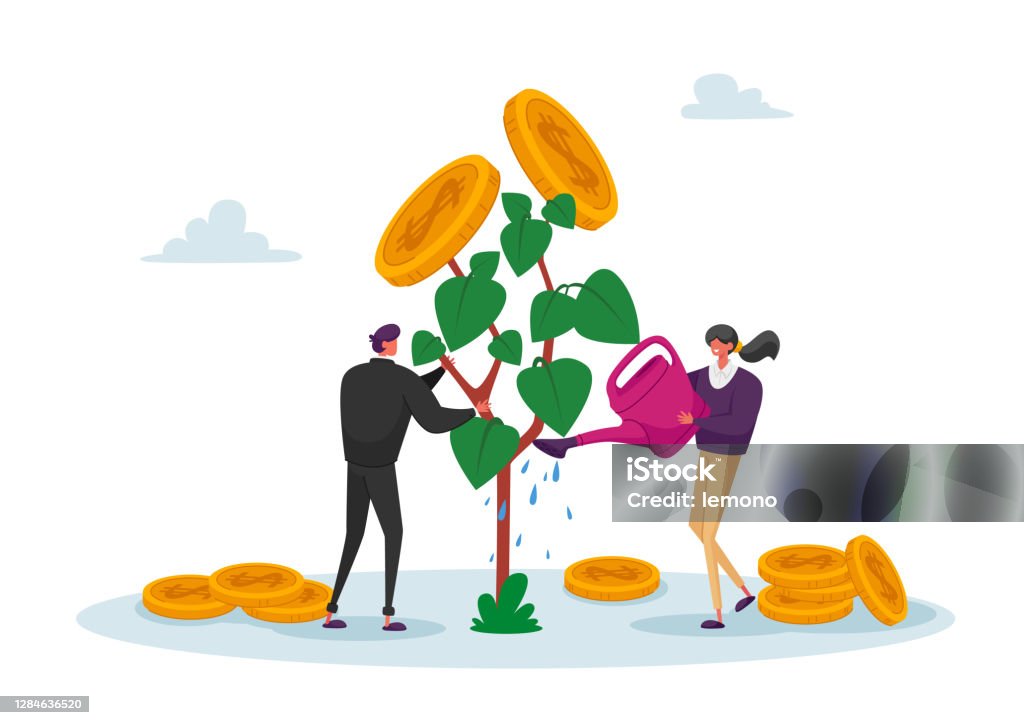 İş Adamı ve Kadın Karakterler Sulama Para Ağacı, Altın Sikke ile Bitki Geri Ödeme Bakımı için Büyüyen Servet Sermaye - Royalty-free Yatırım Vector Art