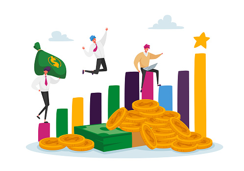 Profitable Investments, Company Success Concept. Joyful Business Men Characters at Huge Growing Column Graph with Money. Happy Office Workers Celebrating Victory. Cartoon People Vector Illustration