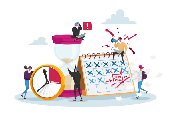 Workflow Organization. Tiny Office Employee Characters Overload at Work with Docs. Managers with Huge Steak of Documents Workflow Organization. Tiny Office Employee Characters Overload at Work with Docs. Managers with Huge Steak of Documents and Alarm Clock, Boss Yelling at Workplace. Cartoon People Vector Illustration working hard stock illustrations