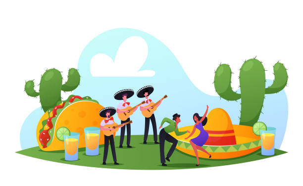 персонажи празднуют синко де майо мексиканской партии. люди в красочной традиционной одежде, мариачи музыканты и танцоры - mexican culture cinco de mayo backgrounds sombrero stock illustrations