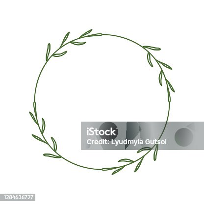 istock Simple round wreath with contour branches. Border of green leaves. Decorative design element. Doodle frame for logo, invitation, farm house. Vector illustration isolated on white background 1284636727