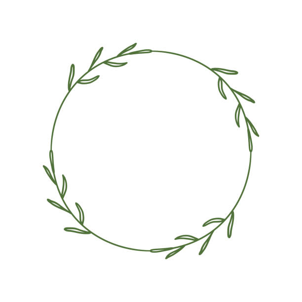 Simple round wreath with contour branches. Border of green leaves. Decorative design element. Doodle frame for logo, invitation, farm house. Vector illustration isolated on white background Simple round wreath with contour branches. Border of green leaves. Decorative design element. Doodle frame for logo, invitation, farm house. Vector illustration isolated on white background house borders stock illustrations