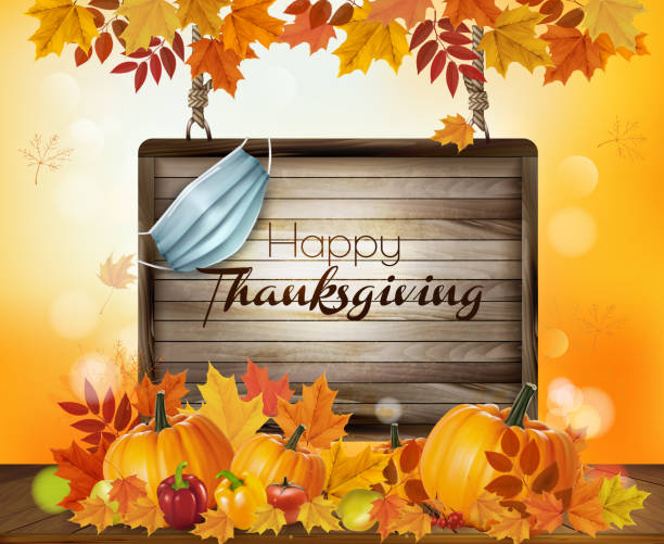 Holiday Thanksgiving background with autumn vegetables and colorful leaves and wooden sign with medical mask. Vector. Holiday Thanksgiving background with autumn vegetables and colorful leaves and wooden sign with medical mask. Vector. thanksgiving holiday covid stock illustrations
