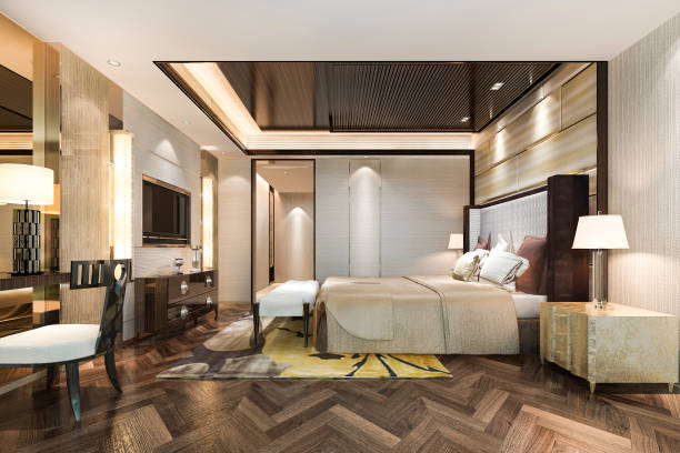 istock 3d rendering beautiful luxury bedroom suite in hotel with working table near bathroom 1284639146
