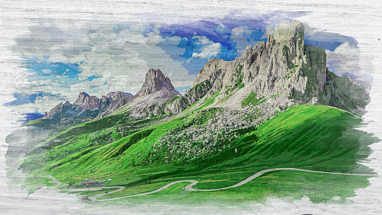 Passo Giau and Averau peak in green Dolomites, Italy, watercolor painting