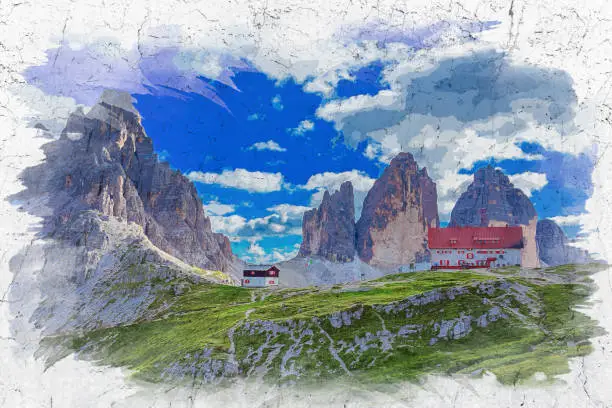 Tre Cime and Dreizinnen hut, Dolomites, Europe, watercolor painting
