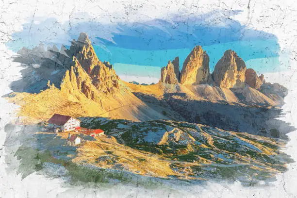 Mountain shelter Dreizinnen hut and Tre Cime, Dolomites, Europe, watercolor painting