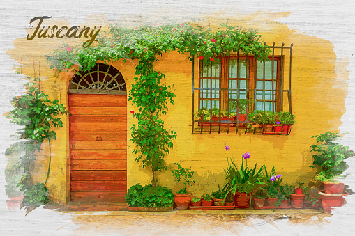 Beautiful porch decorated with flowers in italy, watercolor painting