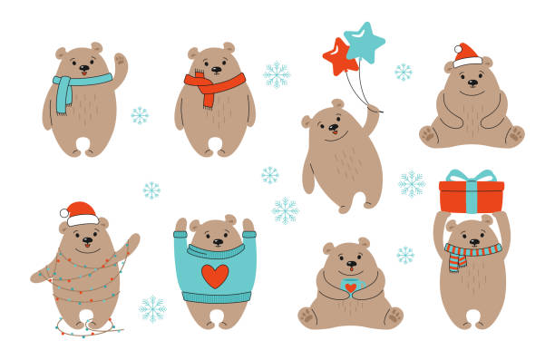 ilustraciones, imágenes clip art, dibujos animados e iconos de stock de navidad oso marrón dibujo animado set grizzly vector - winter bear