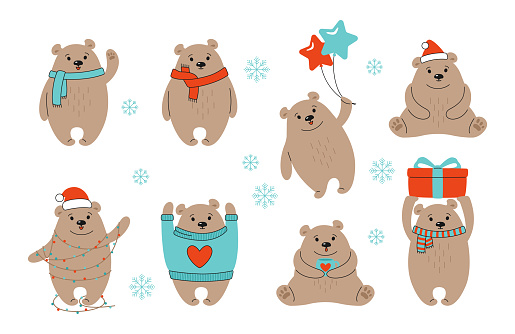 Christmas brown bear cartoon set grizzly vector