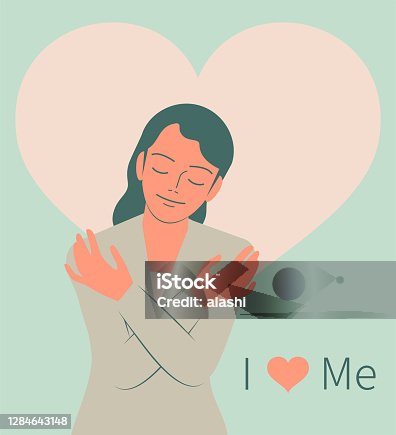 istock Smiling pretty girl hugging herself with closed eyes, I Love Me 1284643148