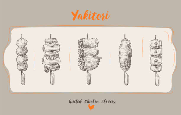 japon ızgara şiş tavuk el çizilmiş anahat illüstrasyon. - yakitori stock illustrations