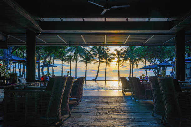 istock interior scenery of poolside and seaside restaurant with dinning table at seaside resort and hotel during sunset at Huahin Thailand 1284647188