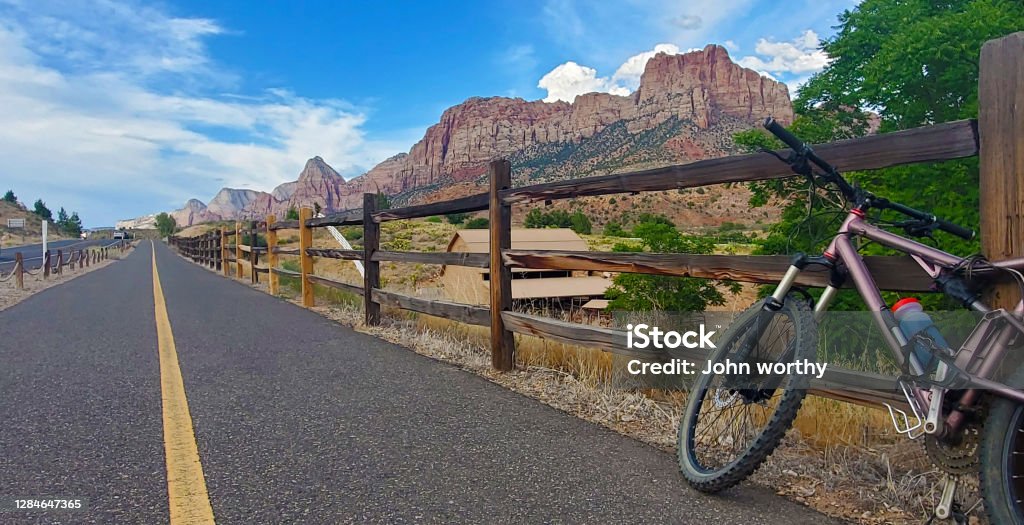 Bike Riding Zion National Park A long scenic bike path winds through the valley in this National Park Cycling Stock Photo