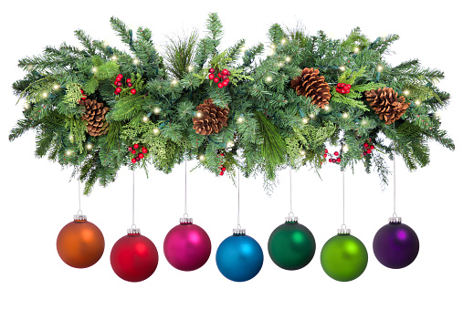 Christmas Garland with Baubles  isolated on white