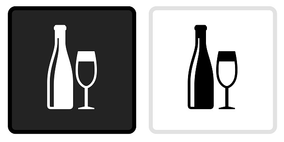 Wine and Glass Icon on  Black Button with White Rollover. This vector icon has two  variations. The first one on the left is dark gray with a black border and the second button on the right is white with a light gray border. The buttons are identical in size and will work perfectly as a roll-over combination.