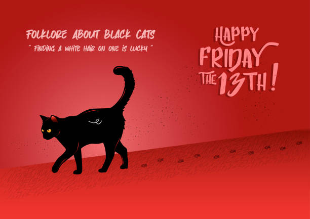 Folklore about black cat Illustration of a black cat walking with its footprints on a red background cartoon of the friday 13th stock illustrations