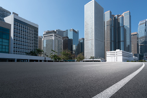 Urban road ground and high rise buildings in Central Hong Kong