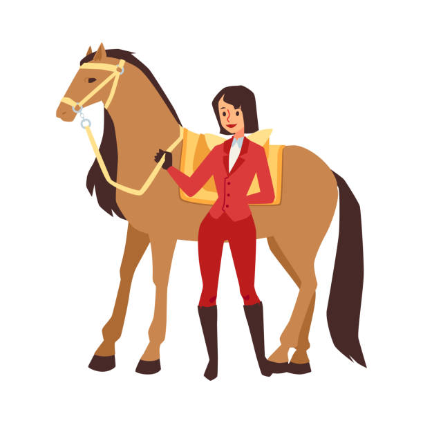 馬の近くで馬術スポーツのためのスーツを着た女性、フラットベクトルイラスト分離。 - equestrian event flat racing horse racing people点のイラスト素材／クリップアート素材／マンガ素材／アイコン素材