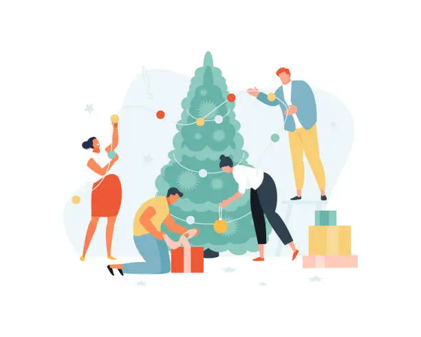 Vector illustration of People group decorating the Christmas tree
