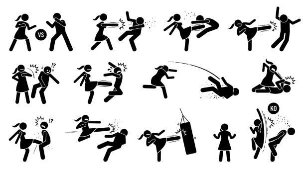 ilustraciones, imágenes clip art, dibujos animados e iconos de stock de mujer golpeando al hombre palo figura signo y símbolos. - abofetear