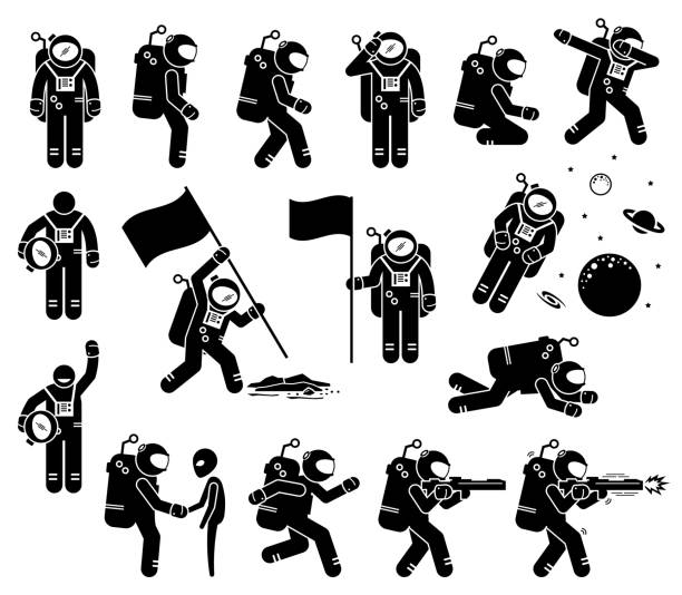 Astronaut or spaceman character set stick figure. Vector illustration of astronaut with different poses and actions. The spaceman meet alien, putting a flag, and a space trooper shooting with a gun. astronaut symbols stock illustrations