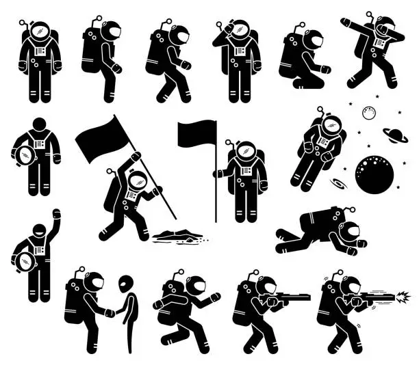 Vector illustration of Astronaut or spaceman character set stick figure.