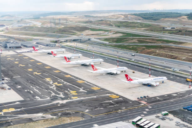 Turkish Airlines planes grounded at Istanbul International Airport in Turkey Istanbul, Turkey - September 5, 2020. Turkish Airlines planes grounded at Istanbul International Airport in Turkey. hava stock pictures, royalty-free photos & images