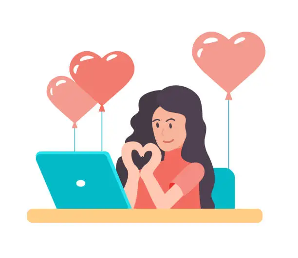 Vector illustration of Virtual Valentine's Day. Girl is chatting online via video communication on laptop, shows heart love with hand gesture. Remote dating at a distance during quarantine. Vector flat illustration isolated