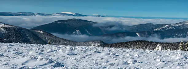 View to Krkonose and Kralicky Sneznik mountains from Vysoka hole hill in Jeseniky mountains in Czech republic during beautiful winter day